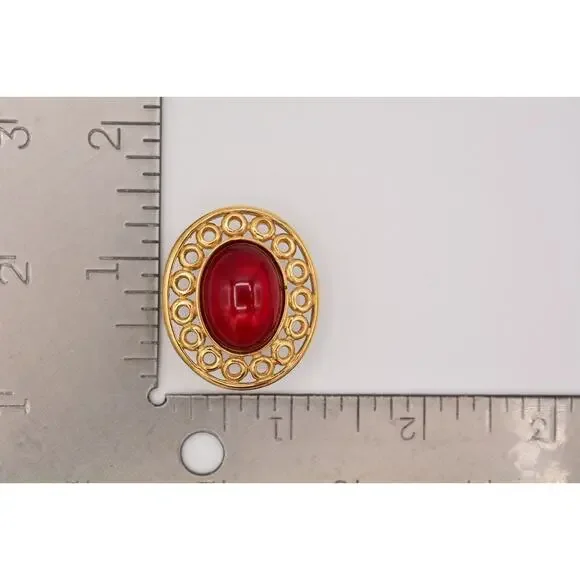 Givenchy Vintage Cabochon Earrings Red Oval Gold Chunky Signed Retro 1980s BinAZ - Picture 2 of 12